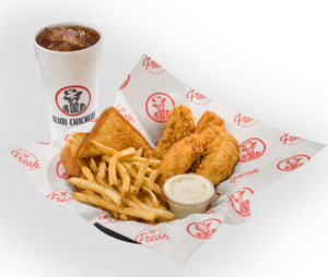 Slim Chickens classic meal with drink and sauce