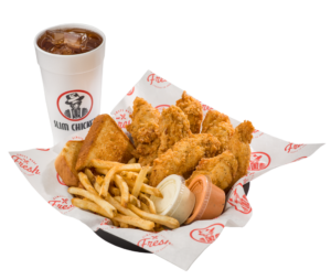 Slim Chickens hungry meal with drink and sauces