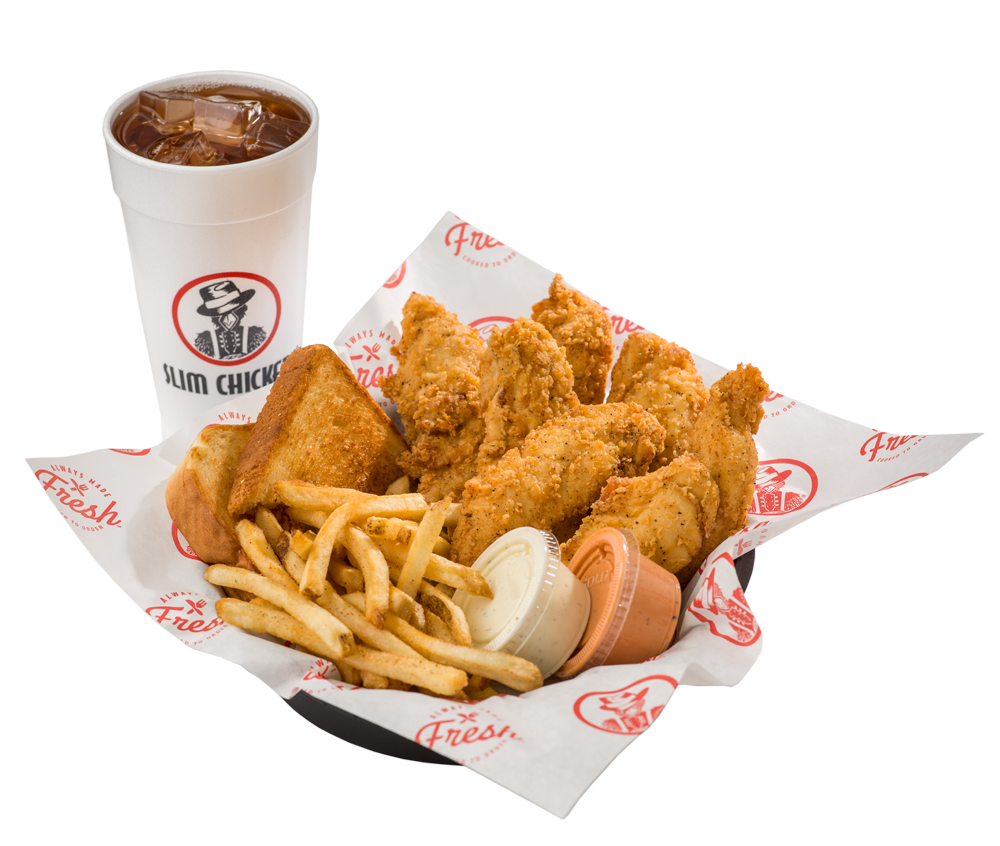 Slim Chickens hungry meal with drink and sauces