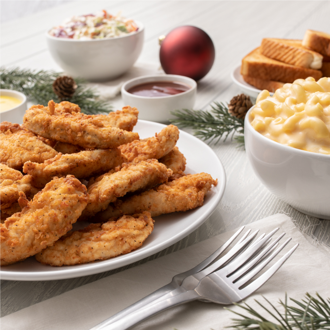 Slim Chickens Holiday pack with tenders, mac and cheese, toast, coleslaw, and sauces