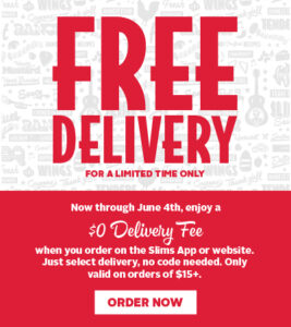 Slim Chickens Free Delivery Promotion, through June 4th 2023